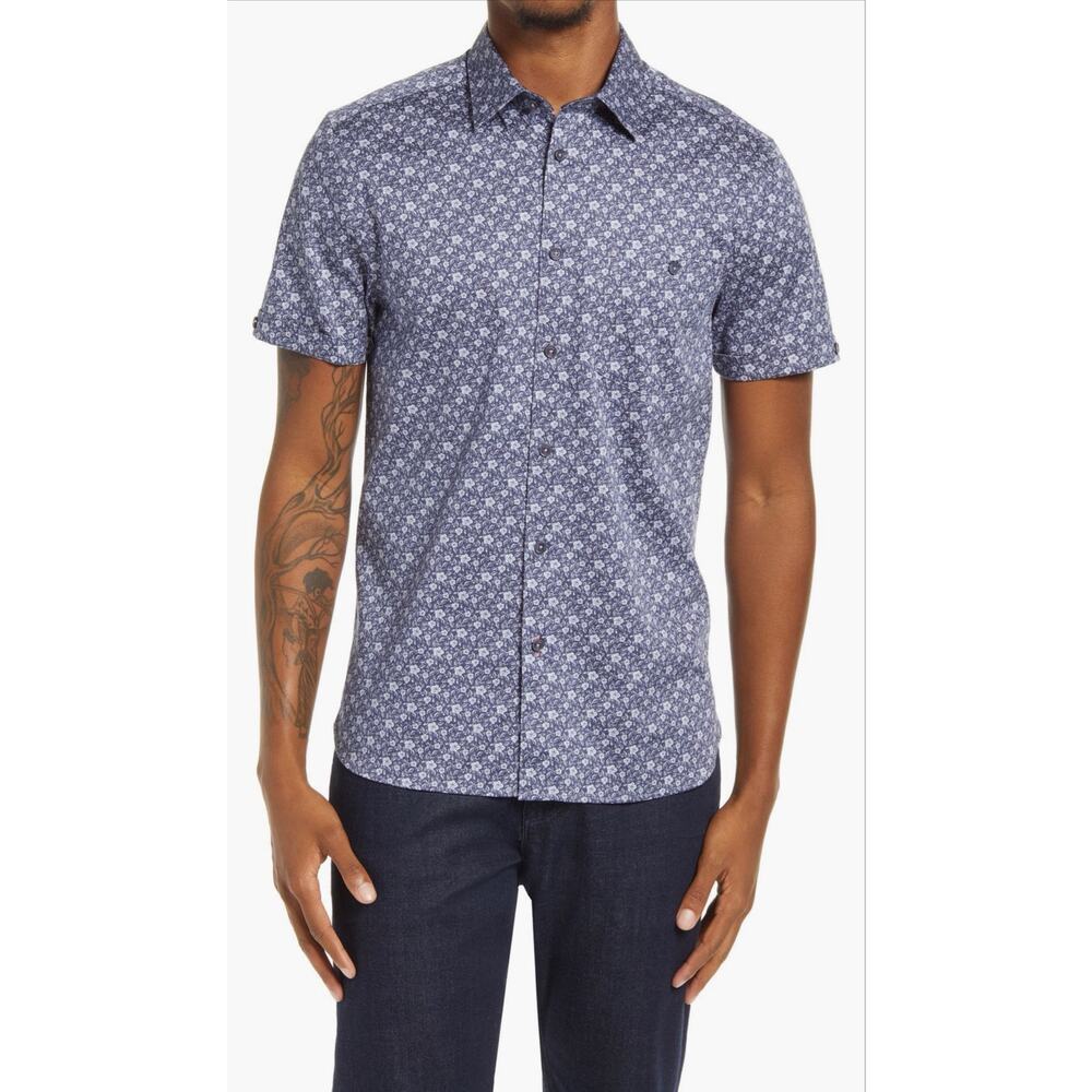 Ted Baker Snobark Floral Shirt Mens 4 L Blue Short Sleeve Button Up